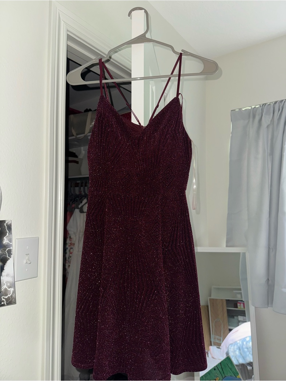 Glittery Burgundy Strappy Mini Dress